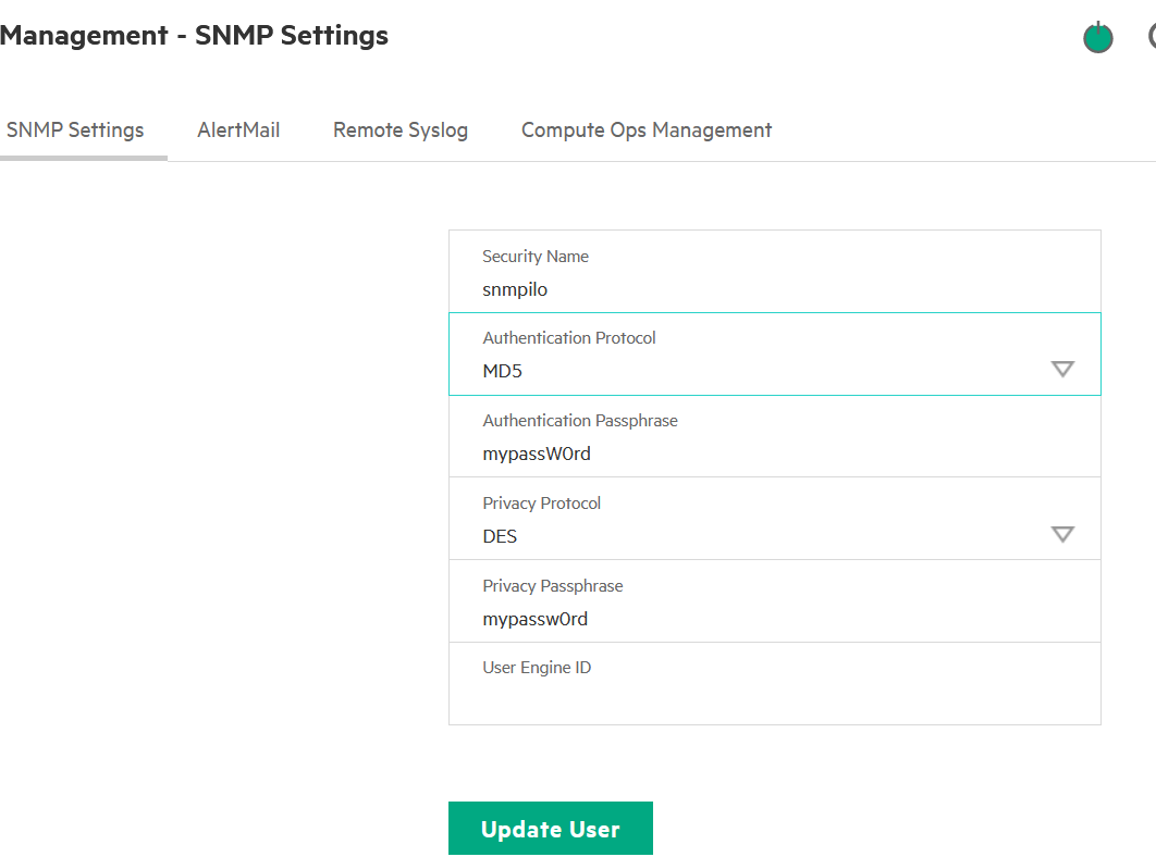 SNMP V3 User configuration