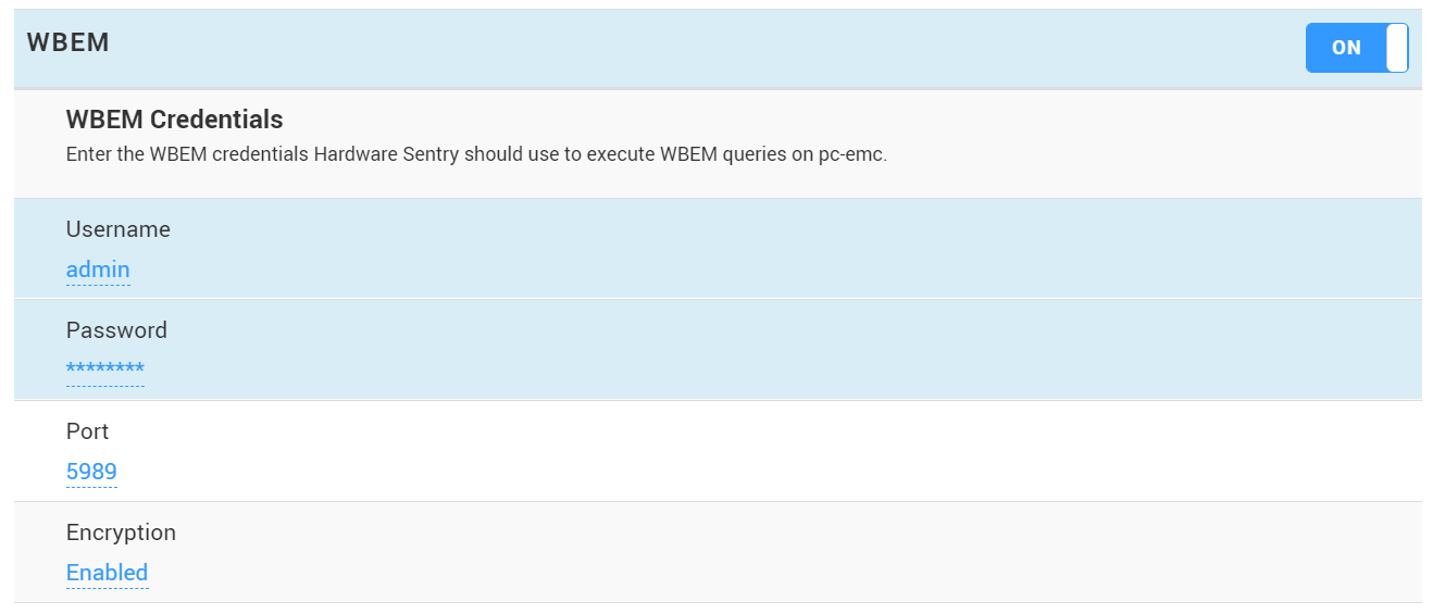 Selecting the WBEM protocol and specifying the credentials