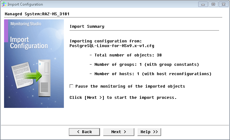 Verifying the import summary of the PostgreSQL  pre-built configuration