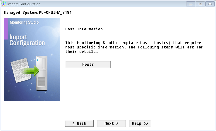 Verifying the host information of the Monitoring Studio template to import
