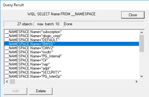Testing Query1 - Searching for root/ibmsd in the namespaces returned